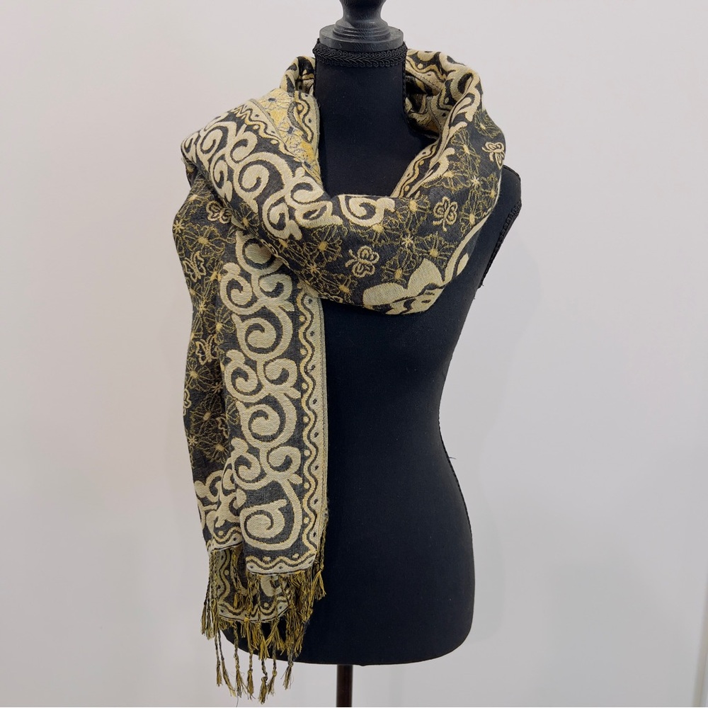 Pashmina Fine Cashmere Wool Black Gold Cream Patterned Wrap Shawl